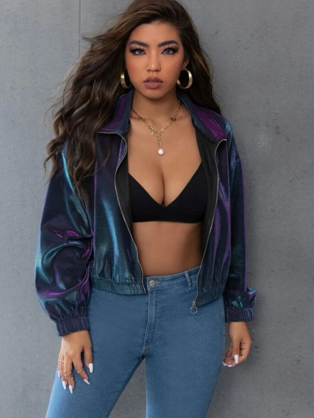 SHEIN Iridescent Black Bomber Jacket with Blue & Purple Sheen